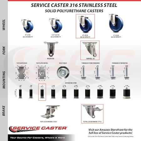Service Caster 4 Inch 316SS Solid Poly Swivel 1 Inch Expanding Stem Caster Set Lock Brake SCC-SS316TTLEX20S414-SPUS-1-4